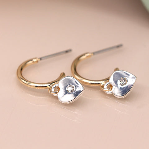 Pom Gold Plated Open Hoops Earrings with Silver Plated Hearts set with Crystal