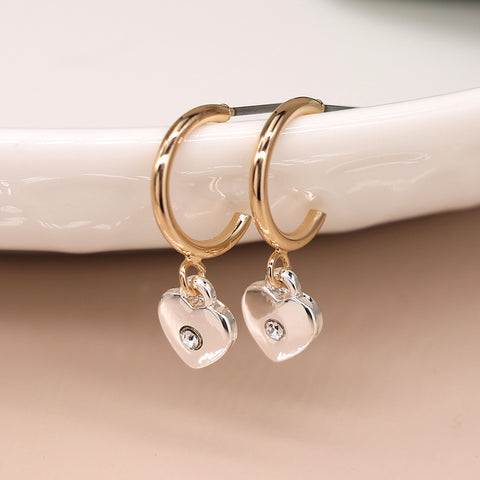 Pom Gold Plated Open Hoops Earrings with Silver Plated Hearts set with Crystal