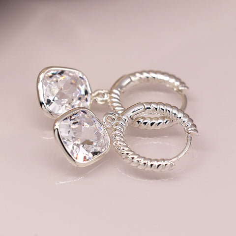 Pom Silver Plated Hoop Earrings with Clear Crystal Drops