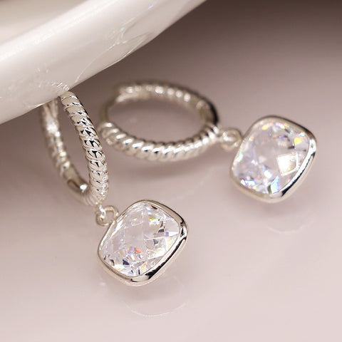 Pom Silver Plated Hoop Earrings with Clear Crystal Drops