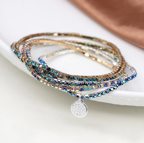 Pom Silver Plated and Faux Gold Blue Mix Crystal Five Bracelet