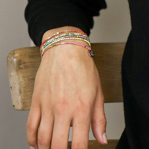 Pom Faux Gold Colourful Mix Crystal Five Bracelet Stack