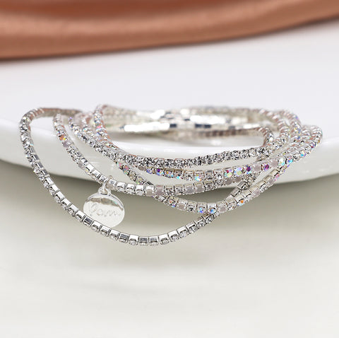 Pom Silver Plated Clear Crystal Five Bracelet Stack