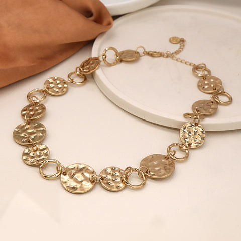 Pom Faux Gold Hammered Disc Link Necklace