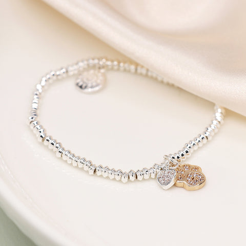 Pom Silver Plated Bead Bracelet with Faux Gold Paw Print with Crystals