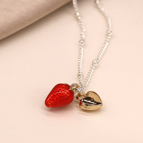 Pom Silver Enamel Strawberry Necklace with Gold Heart Charm