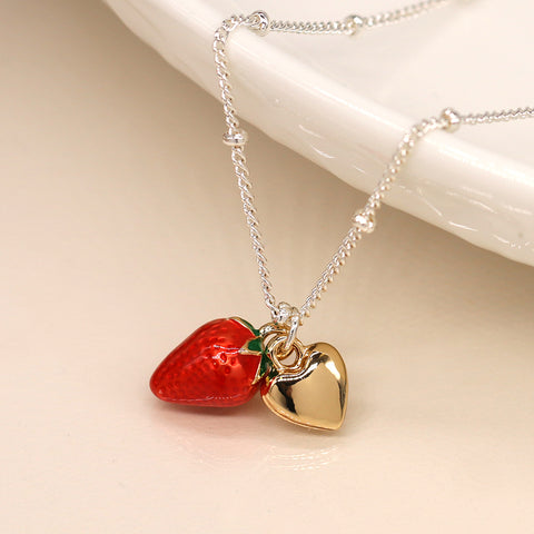 Pom Silver Enamel Strawberry Necklace with Gold Heart Charm