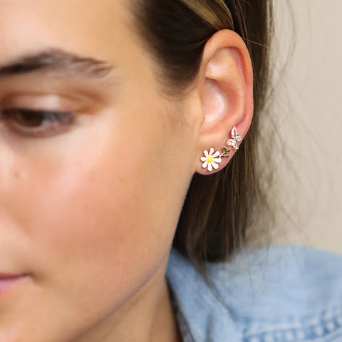 Pom Gold Plated Enamelled Daisy, Gold Plated Butterfly and Crystal Butterfly Studs