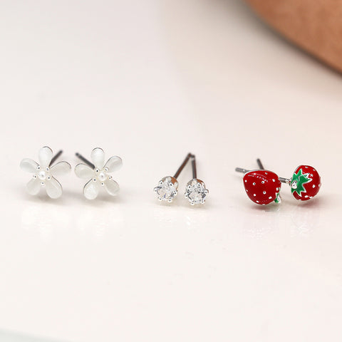 Pom Silver Plated Strawberries. Shell Flower and Crystal Studs