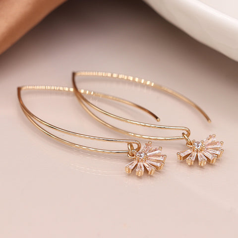 Pom Faux Gold Simple Deco Crystal Fan Elongated Hoop Earrings