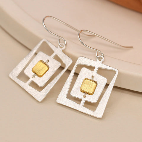 Pom Brushed Silver Plated Offset Square Earrings with Gold Centre