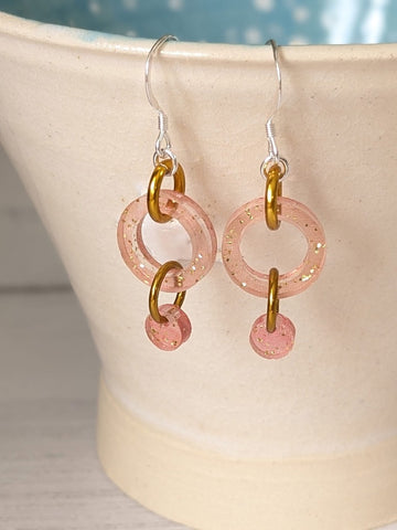 MarMoo Recycled Acrylic Pink and Coral Hoop Drop Earrings on Sterling Silver Wires