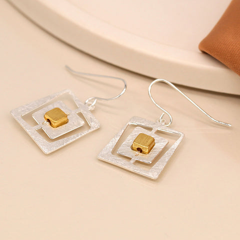 Pom Brushed Silver Plated Offset Square Earrings with Gold Centre