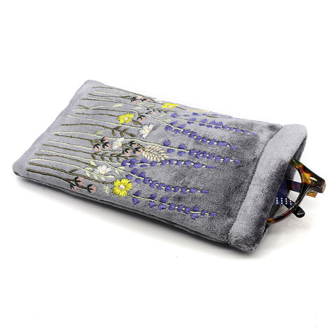Pom Smokey Grey Velvet Glasses Case with Lavender Meadow Embroidery