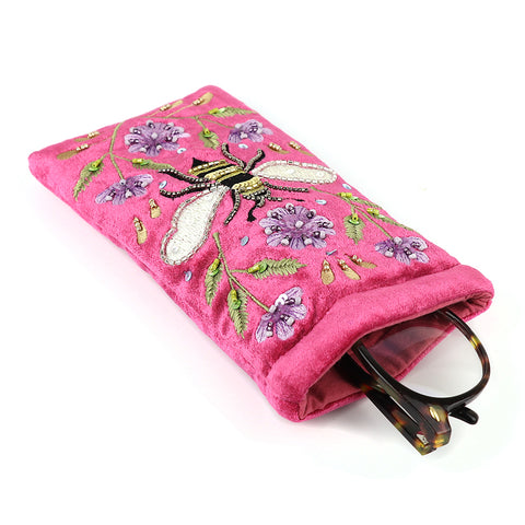 Pom Bright Pink Velvet Glasses Case with Bee and Floral Embroidery