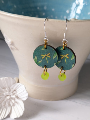 MarMoo Wooden Disc with Dragonfly Detail and Sterling Silver Drop Earrings