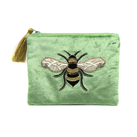 Pom Sage Green Velvet Purse with Embroidered Bee