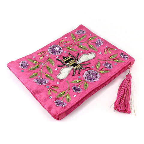 Pom Sage Bright Pink Velvet Purse with Bee and Floral Embroidery
