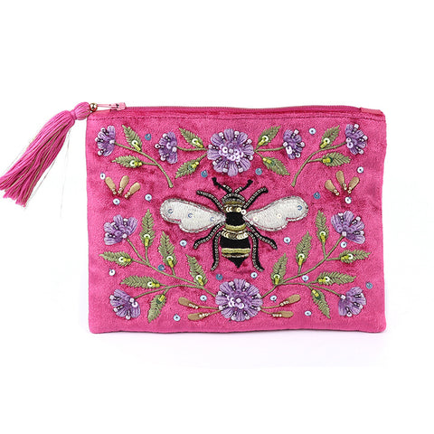 Pom Bright Pink Velvet Purse with Bee and Floral Embroidery