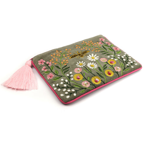 Pom Sage Green and Pink Velvet Embroidered Purse with Meadow Flowers and Bee Design