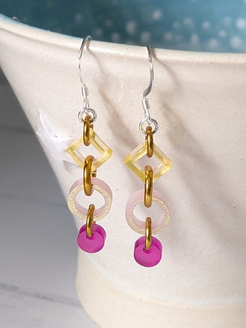 MarMoo Recycled Acrylic Hoop Drop Earrings on Sterling Silver Wires (Gold, Pale Pink, Fuchsia)