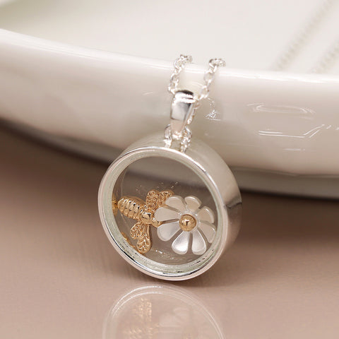 Pom Silver Plated Circle Frame Necklace with Golden Bee and Daisy Charm