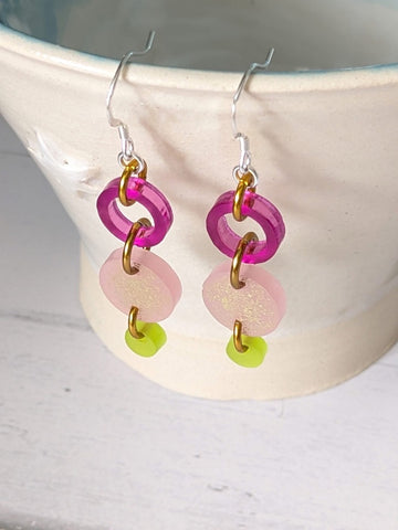 MarMoo Recycled Acrylic and Sterling Silver Drop Earrings (Fuchsia, Pink, Lime)
