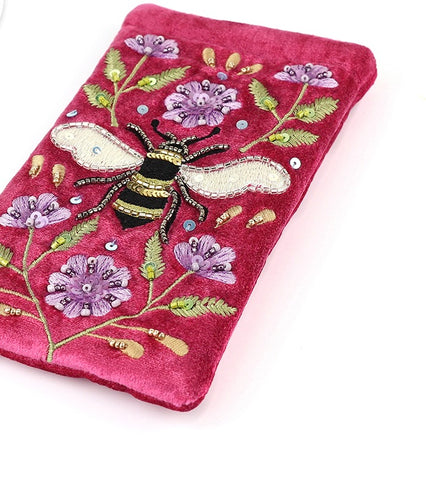 Pom Bright Pink Velvet Glasses Case with Bee and Floral Embroidery