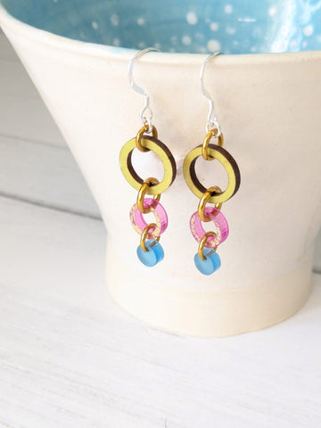 MarMoo Recycled Acrylic and Sterling Silver Drop Earrings (Chartreuse, Pink, Blue)