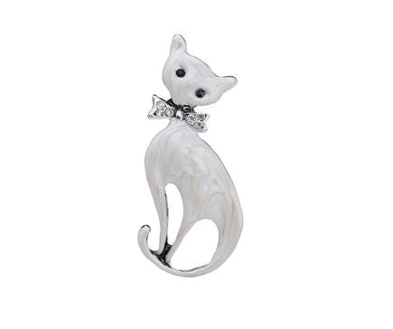 Enamelled Kitty Brooch in White
