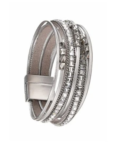 Hot Tomato 'Layers and Lines' Bracelet, with PU Leather, Silver Metal Finish with Clear Crystals