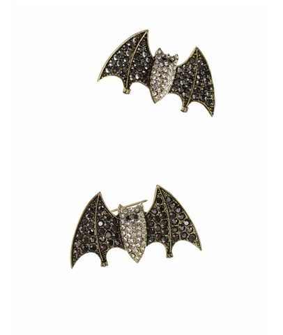 Hot Tomato Batty Bat Bat Brooch in Antique Gold with Smoked Quartz and Clear Crystals