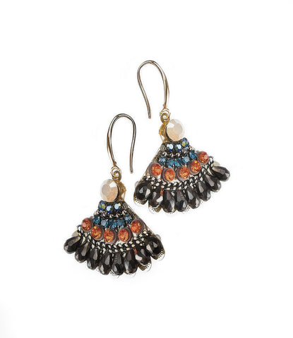 Hot Tomato Deco Fantasia Fan Shaped Earrings with Tangerine and Teal Crystals