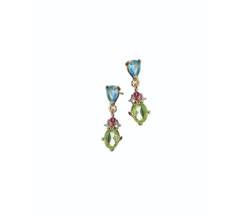 A pair of 18k gold plated drop earrings featuring light blue marquise-cut top stones, small pink round-cut center stones, and green oval-cut bottom stones, shown on a plain white background.