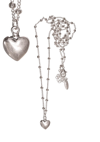 Hot Tomato Heart Pendant on Ball Chain Necklace in Worn Silver