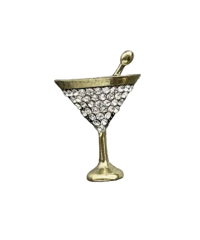 Decorative Hot Tomato brooch shaped like a martini glass with clear crystal detailing