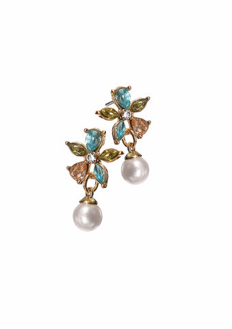 Hot Tomato Mini Crystal Flower with Faux Pearl Earrings-Teal and Green