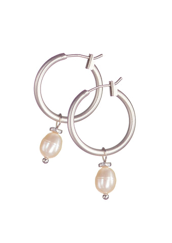 Hot Tomato Pearl Drop Captured on Hoop Earrings Matte Silver