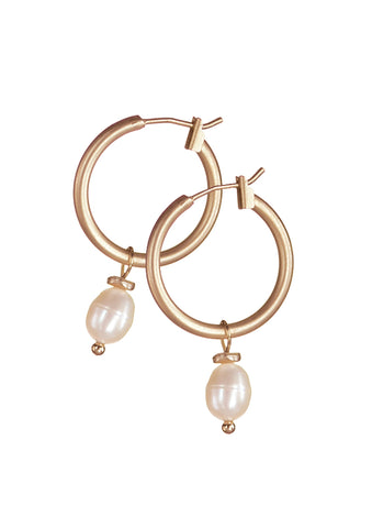 Hot Tomato Pearl Drop Captured on Hoop Earrings Matte Gold