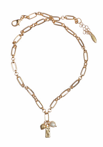 Hot Tomato Natural Pearl Flower and Tab Charm Necklace Gold