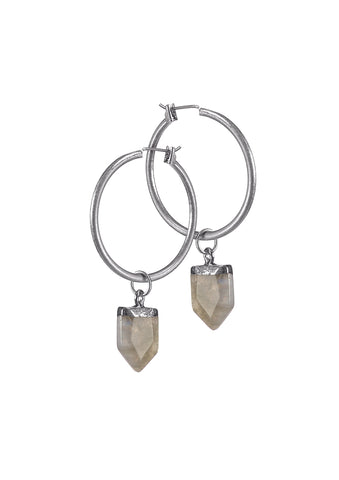 Hot Tomato Stone Drop Earrings on Hoop in Stone and Worn Silver