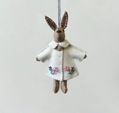 East of India Little Brown Felt Girl Rabbit in Cream Embroidered Jacket