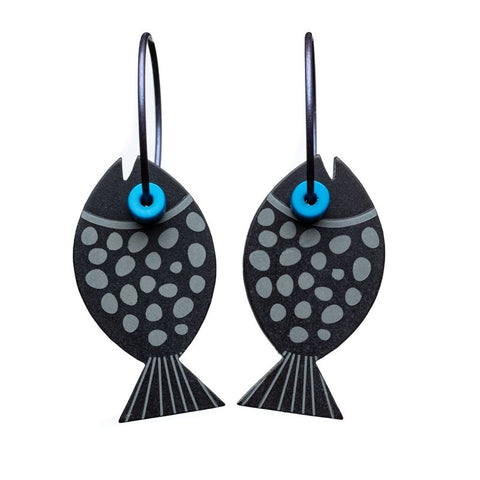 Lene Lundberg K Form Black Spotted Fish with Blue Eyes Earrings
