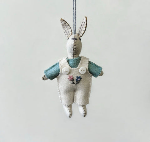 East of India Little Cream Felt Boy Rabbit in Cream Embroidered Dungarees