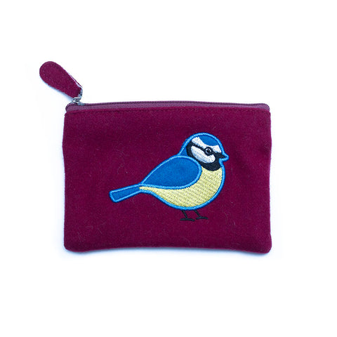 Just Trade Burgundy Felt Purse with Appliquéd Blue Tit