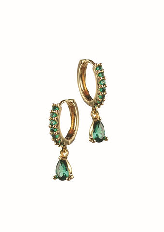 Hot Tomato Tiny Tears Earrings Captured in Lincoln Green Zircon and Gold