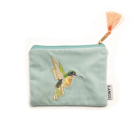 Langs Aqua Velvet Purse with Embroidered Humming Bird