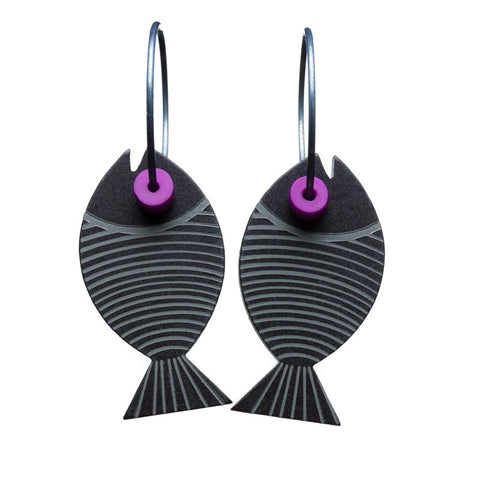 Lene Lundberg Black Stripey Fish Earrings with Purple Eyes