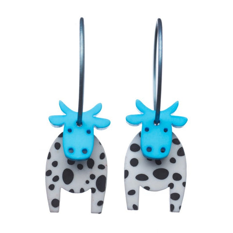 Black and White Cow Earrings with Blue Heads