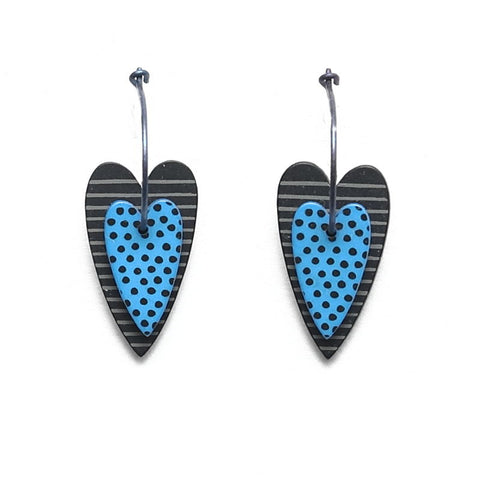 Lene Lundberg K-Form Blue on Black Double Heart Earrings